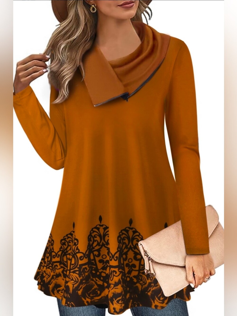 NWT-Miusey Brown Cowl Neck Long Sleeve Zipper Accent Floral Tunic Top XXL
